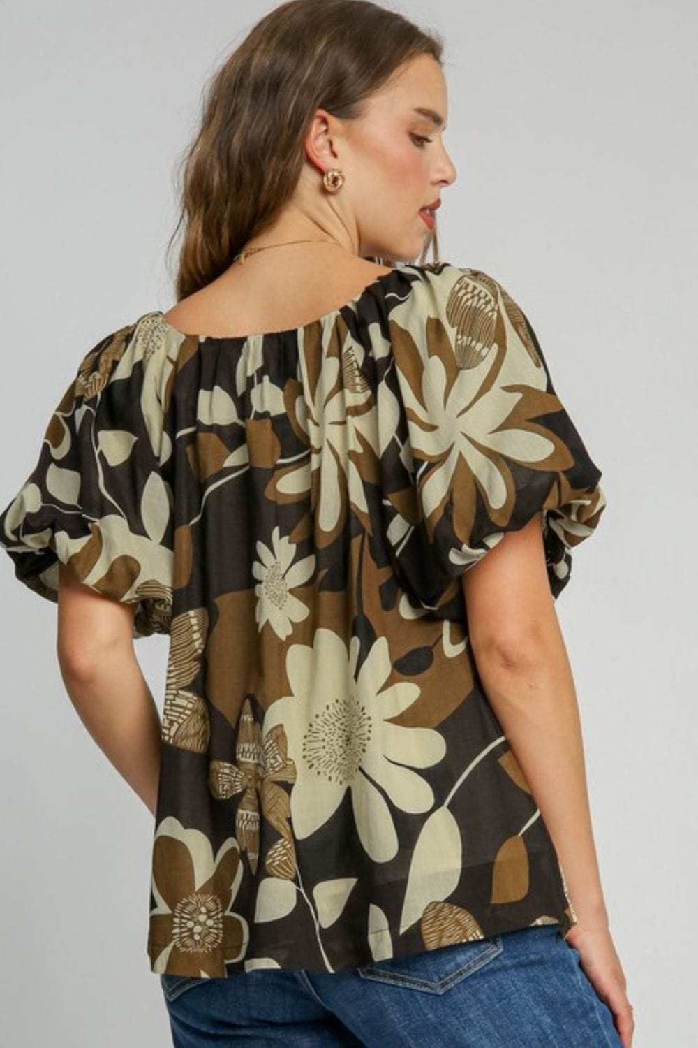 Umgee Full Size Print Round Neck Puff Sleeve Top Plus Size - Trendsi - Flyclothing LLC