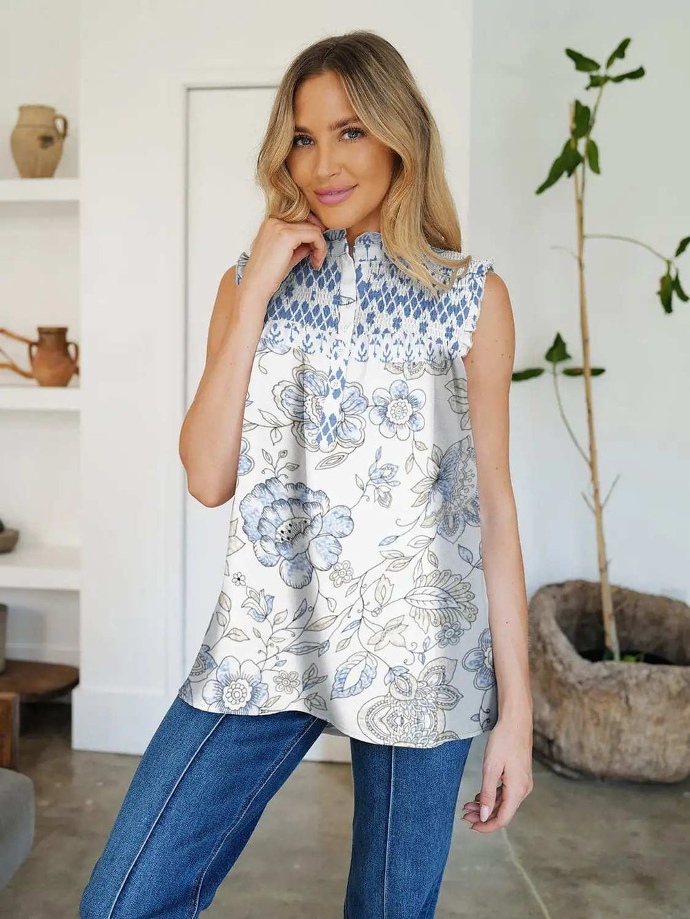 Frill Printed Mock Neck Top - Trendsi - Flyclothing LLC