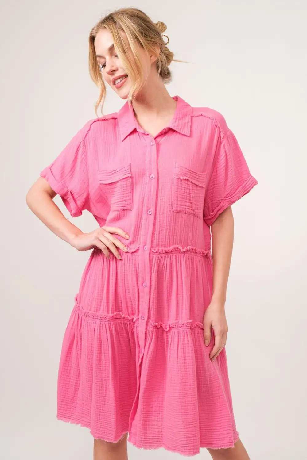 And The Why Full Size Raw Edge Washed Tiered Shirt Dress - Trendsi - Flyclothing LLC