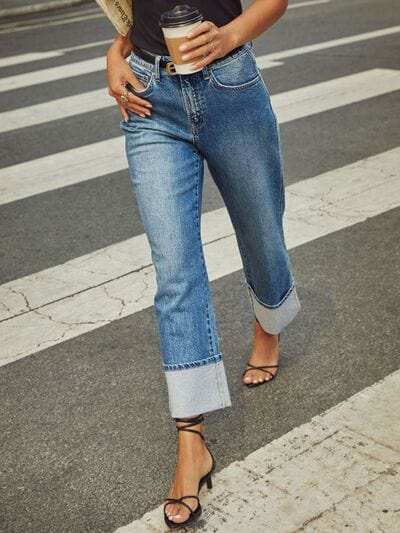 High Waisted Straight Leg Rolled Jeans - Trendsi - Flyclothing LLC