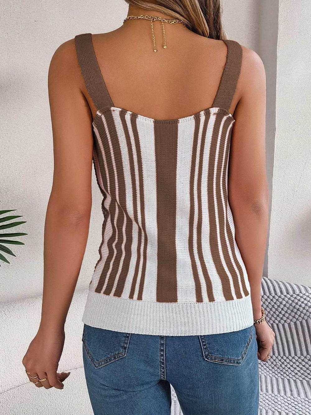 Openwork Striped V-Neck Tank - Trendsi - Flyclothing LLC