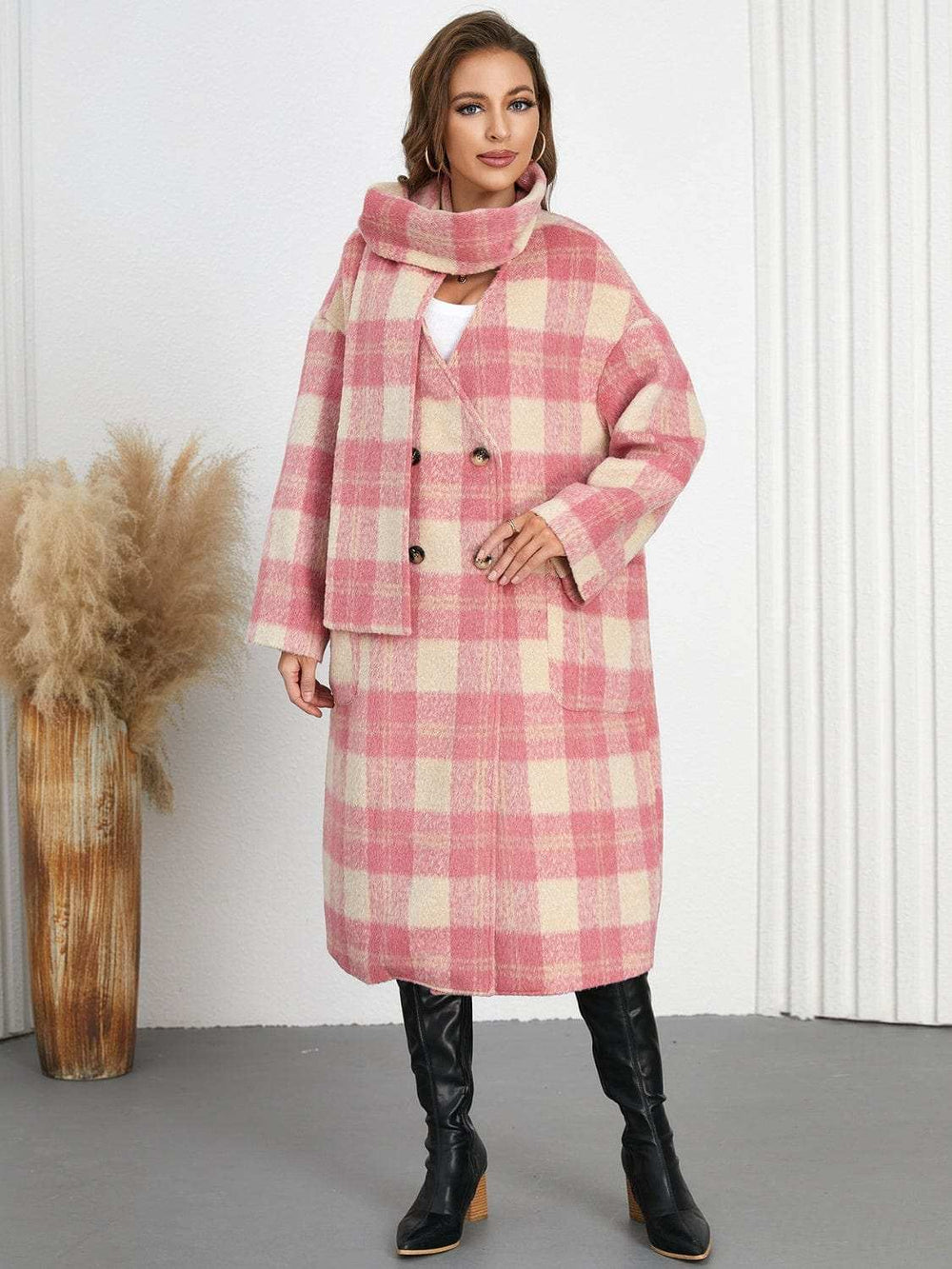Plaid Button Up Long Sleeve Coat - Trendsi - Flyclothing LLC