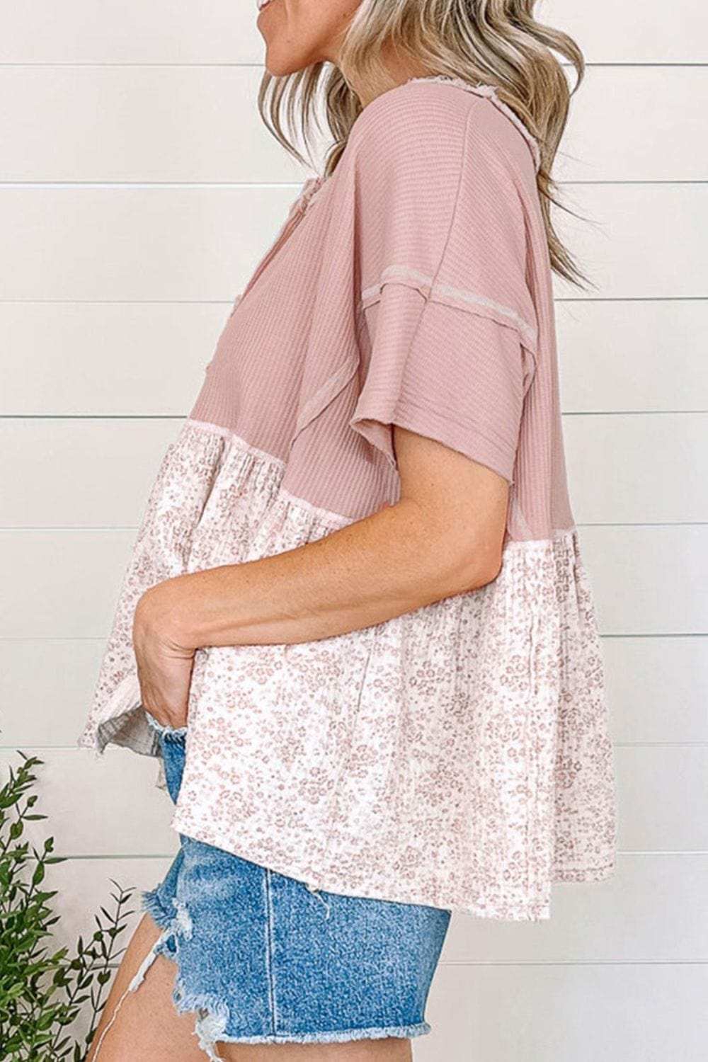 Waffle Floral Patchwork Exposed Seam Detail Short Sleeve Top - Trendsi - Flyclothing LLC