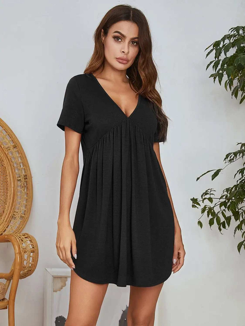 V-Neck Short Sleeve Lounge Dress - Trendsi - Flyclothing LLC