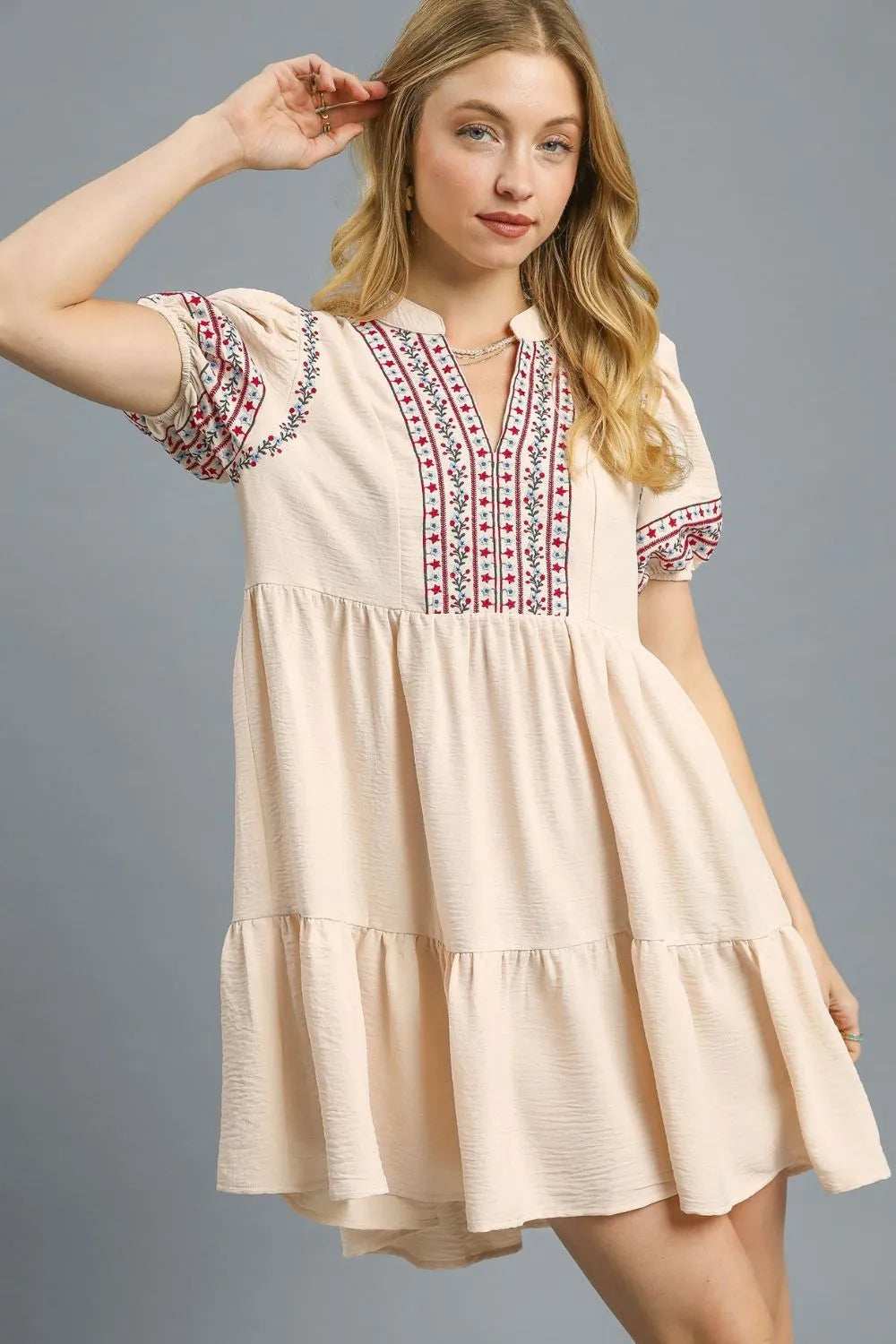 Umgee Floral Trim Puff Sleeve Mini Dress - Trendsi - Flyclothing LLC