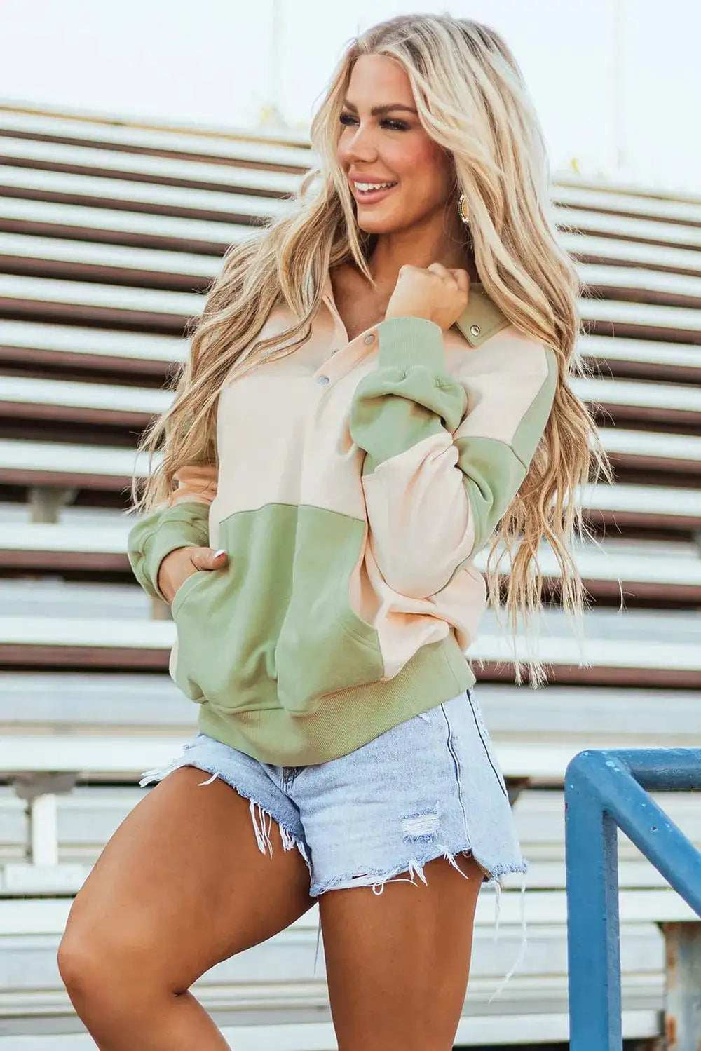 Color Block Quarter Snap Long Sleeve Sweatshirt - Trendsi - Flyclothing LLC