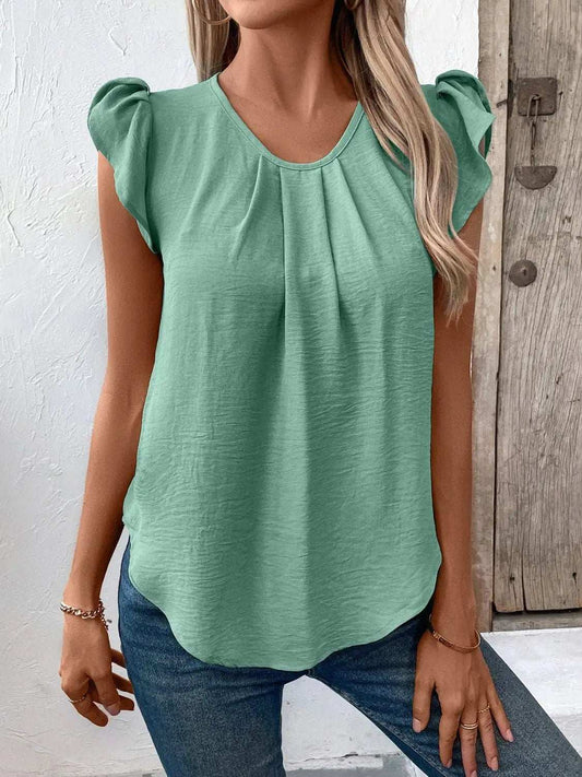 Ruched Round Neck Cap Sleeve Blouse - Trendsi - Flyclothing LLC