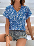 Printed V-Neck Short Sleeve Blouse - Trendsi - Flyclothing LLC