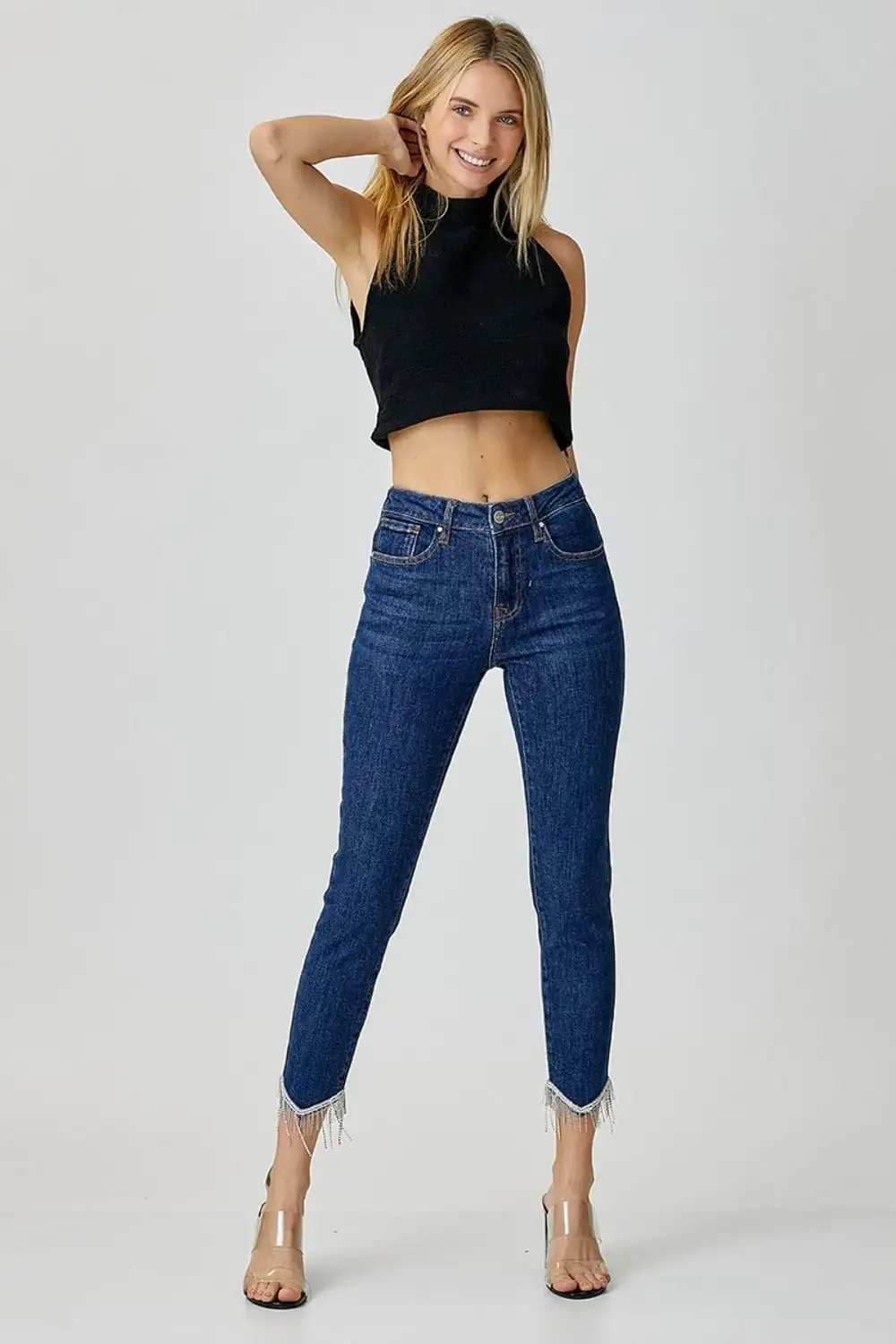 RISEN Full Size Embellished Mid Rise Crop Skinny Jeans - Trendsi - Flyclothing LLC