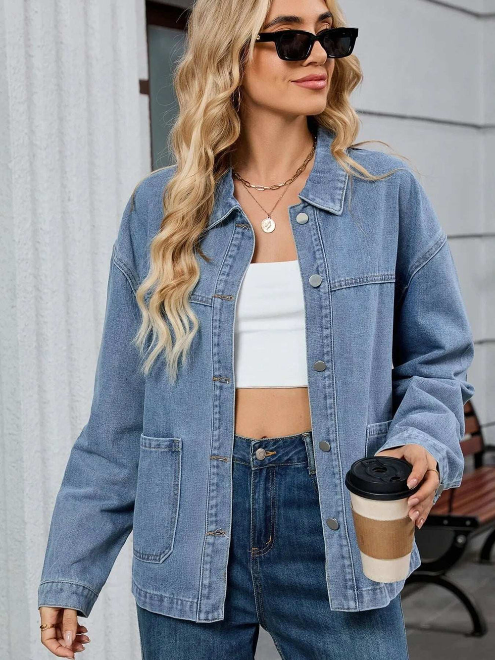 Washed Oversized Button Down Denim Jacket - Trendsi - Flyclothing LLC