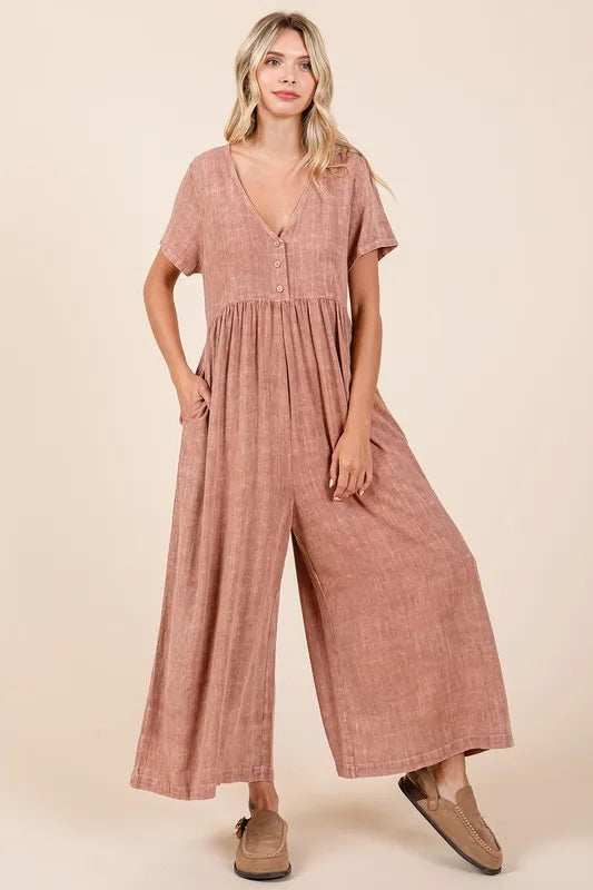 Mittoshop Mineral Wash Short Sleeve Flowy Wide Leg Jumpsuit - Trendsi - Flyclothing LLC