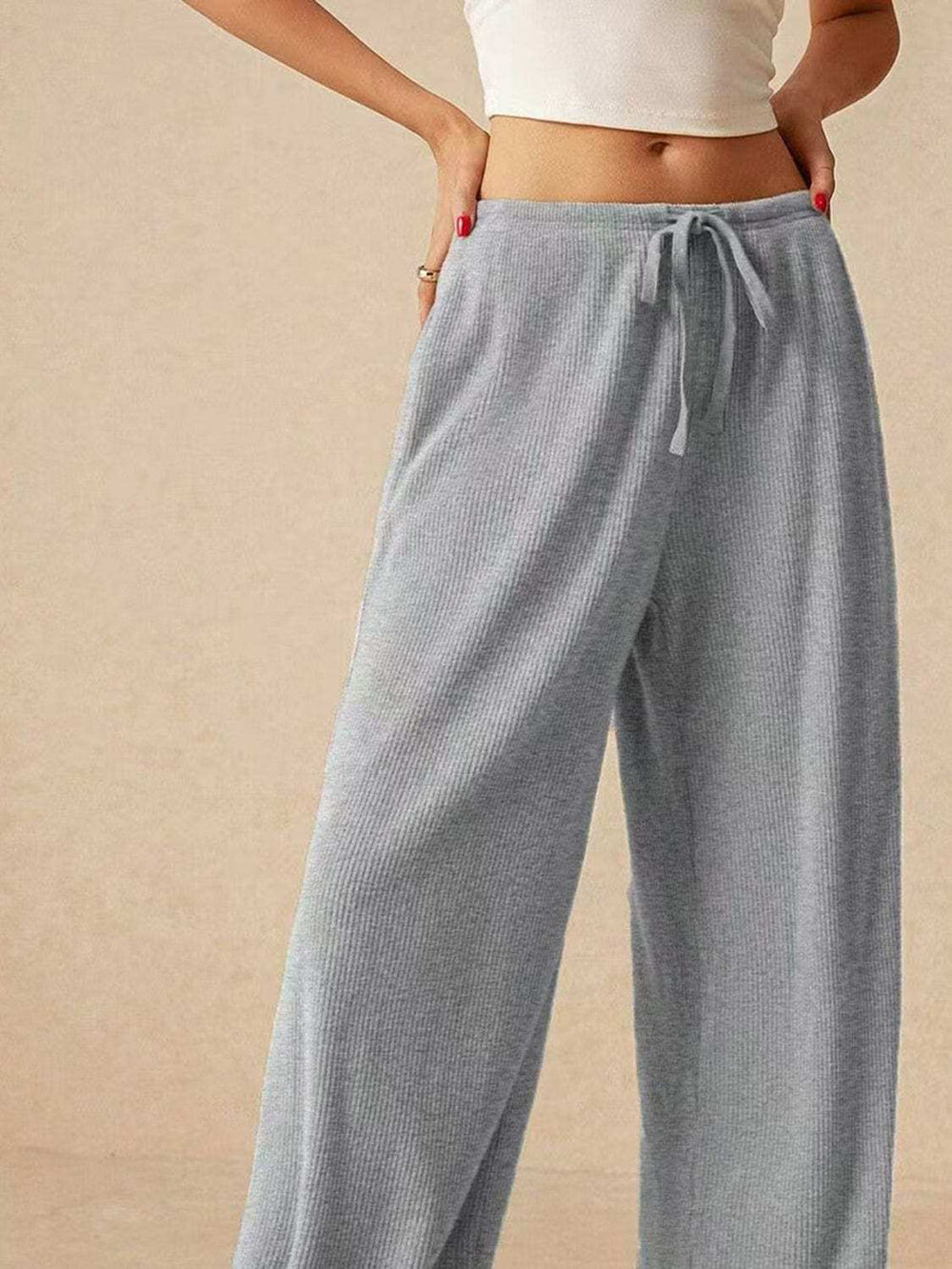 Ribbed Drawstring Wide Leg Pants - Trendsi - Flyclothing LLC