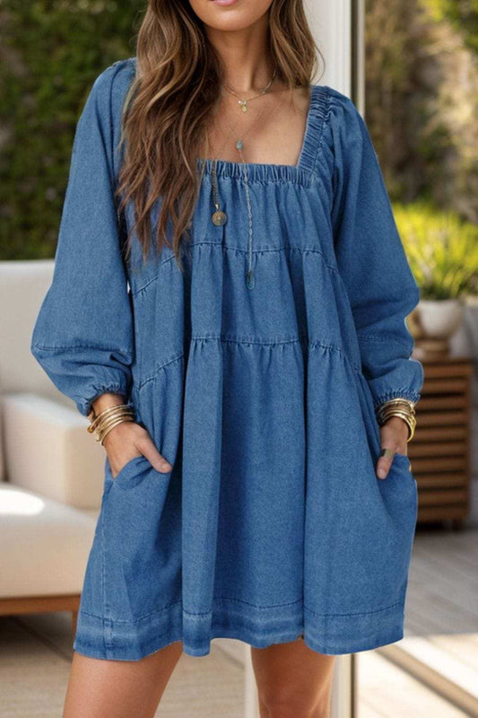 Tied Square Neck Long Sleeve Denim Dress with Pockets - Trendsi - Flyclothing LLC