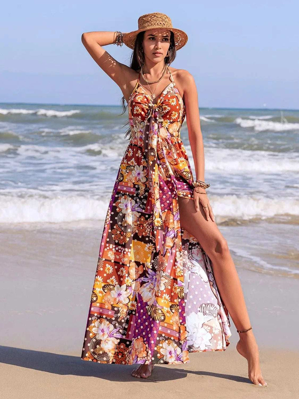 Slit Printed Halter Neck Cami Dress - Trendsi - Flyclothing LLC