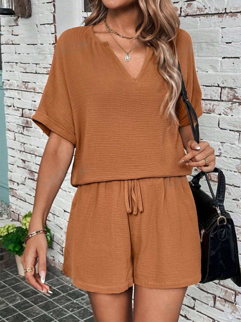 Notched Half Sleeve Top and Shorts Set - Trendsi - Flyclothing LLC