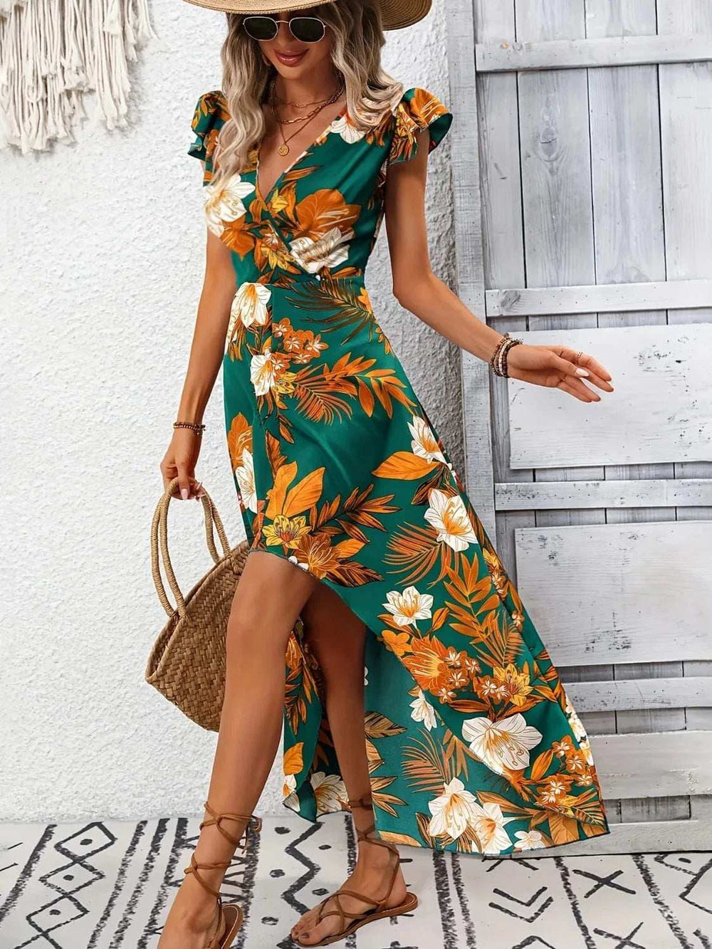 High-Low Printed Cap Sleeve Maxi Dress - Trendsi - Flyclothing LLC