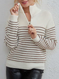 Striped Half Zip Long Sleeve Sweater - Trendsi - Flyclothing LLC