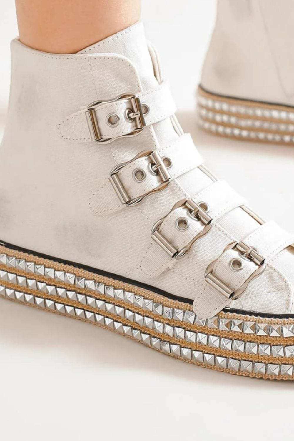 Beast Fashion Multi-Buckle Straps Studded Platform Sneakers - Trendsi - Flyclothing LLC