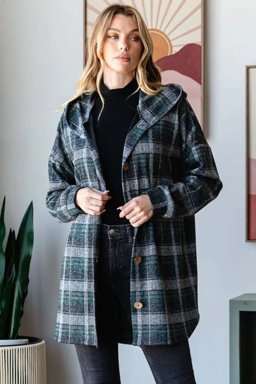 Heimish Plaid Button Down Long Sleeve Hooded Cardigan - Trendsi - Flyclothing LLC