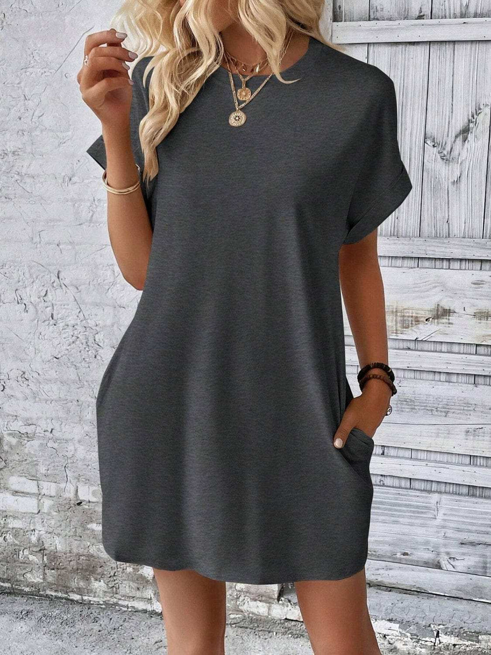 Round Neck Short Sleeve Mini Dress - Trendsi - Flyclothing LLC