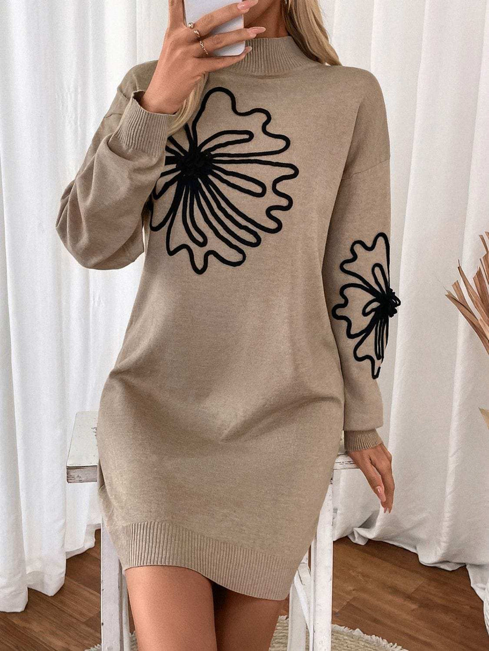 Perfee Flower Mock Neck Long Sleeve Sweater Dress - Trendsi - Flyclothing LLC