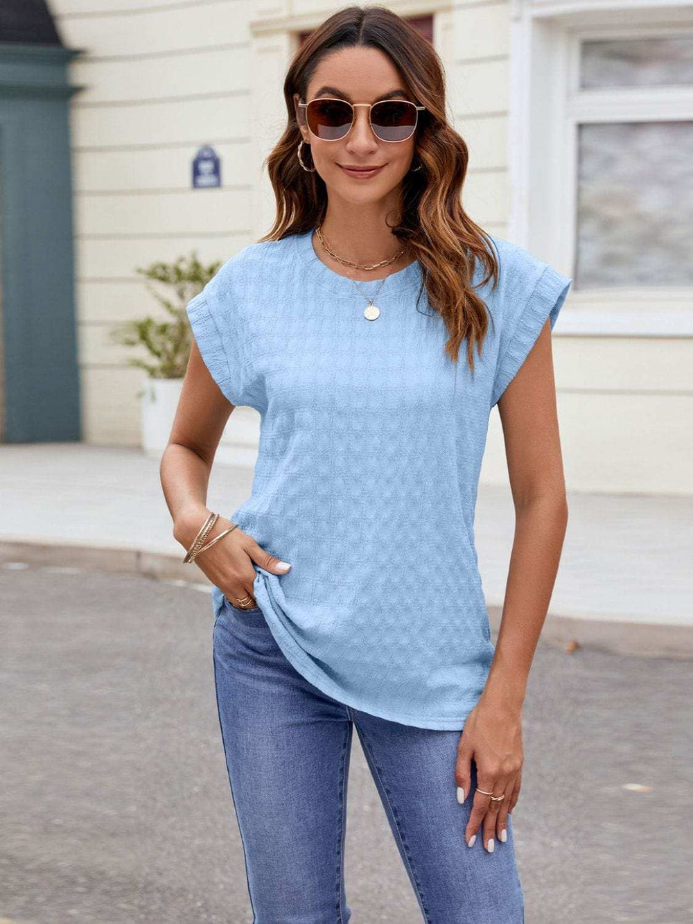 Textured Round Neck Cap Sleeve T-Shirt - Trendsi - Flyclothing LLC