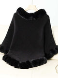 Fuzzy Trim Texture Three-Quarter Sleeve Poncho - Trendsi - Flyclothing LLC