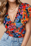 Ruched Printed V-Neck Short Sleeve Blouse - Trendsi - Flyclothing LLC