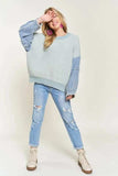 ADORA Plus Size Frayed Denim Sleeve Sweater Top - Trendsi - Flyclothing LLC