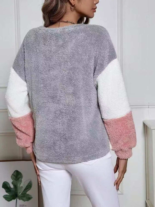 Color Block Fuzzy Knit Sweatshirt - Trendsi - Flyclothing LLC