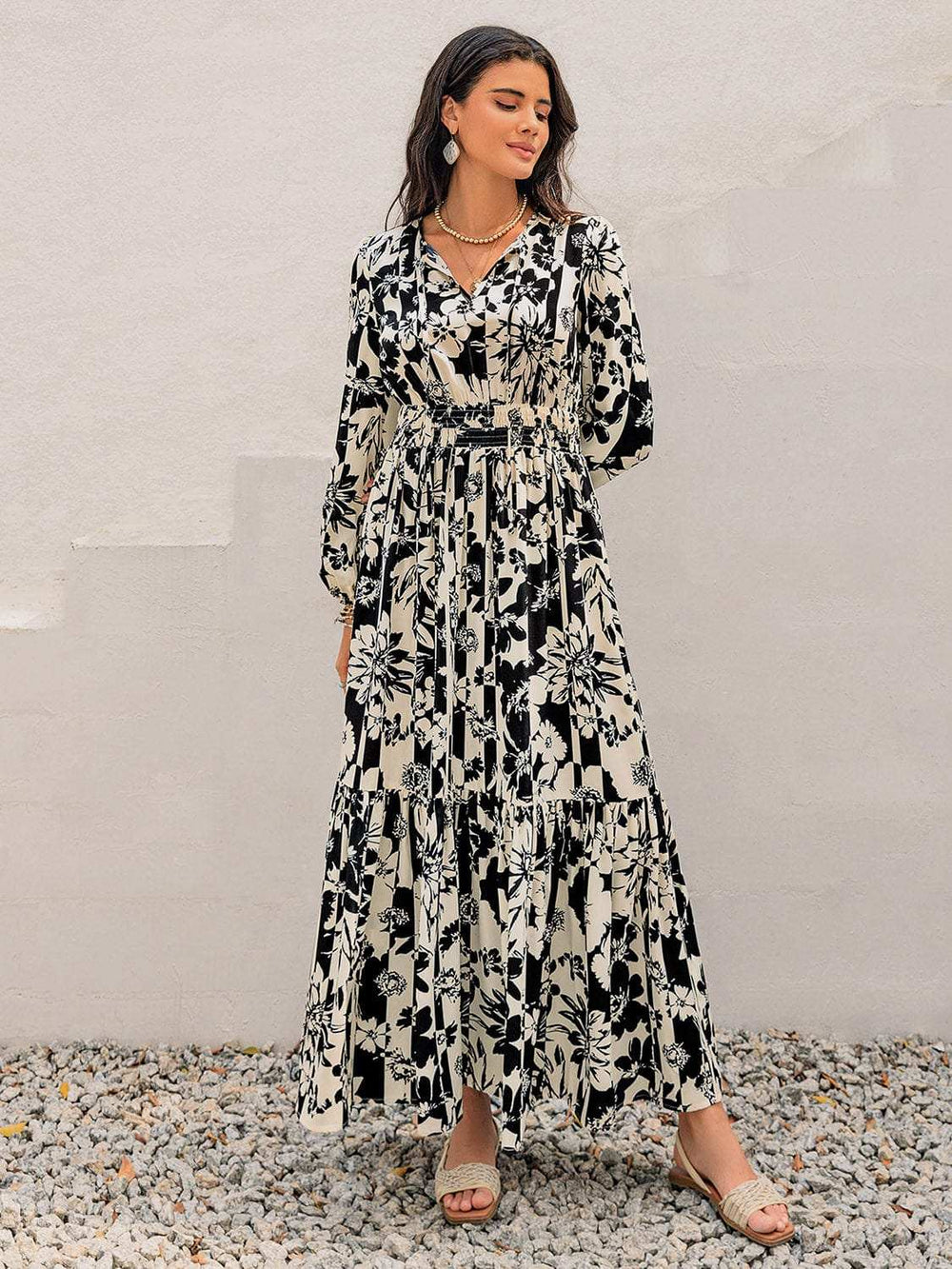 Smocked Printed Tie Neck Long Sleeve Dress - Trendsi - Flyclothing LLC