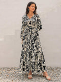 Smocked Printed Tie Neck Long Sleeve Dress - Trendsi - Flyclothing LLC
