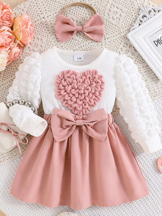 Children's Heart Bowknot Decor Dress with Headband - Trendsi - Flyclothing LLC