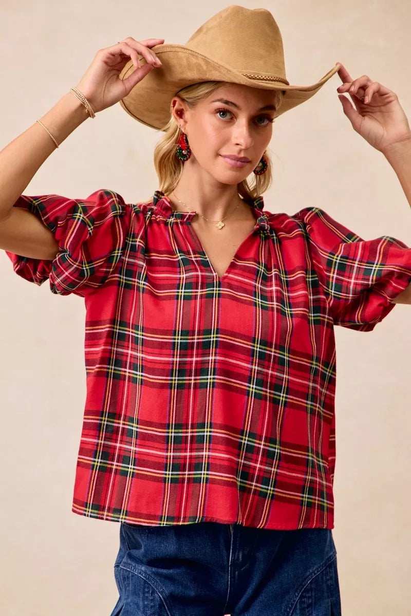 BiBi Christmas Plaid Short Sleeves Ruffled Blouse - Trendsi - Flyclothing LLC