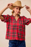 BiBi Christmas Plaid Short Sleeves Ruffled Blouse - Trendsi - Flyclothing LLC