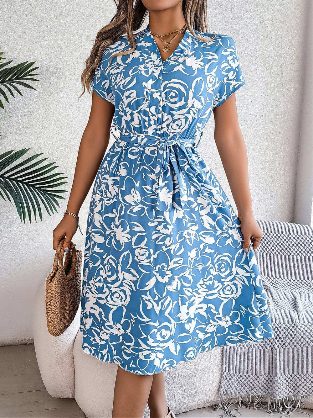 Printed V-Neck Short Sleeve Dress - Trendsi - Flyclothing LLC