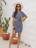 Cutout Striped Round Neck Short Sleeve Dress - Trendsi - Flyclothing LLC