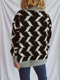 Contrast Trim Geometric V-Neck Long Sleeve Cardigan - Trendsi - Flyclothing LLC