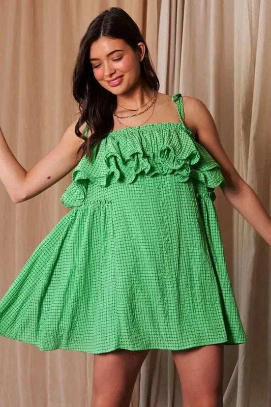 Davi & Dani Textured Jacquard Checker Fabric Ruffled Dress - Trendsi - Flyclothing LLC