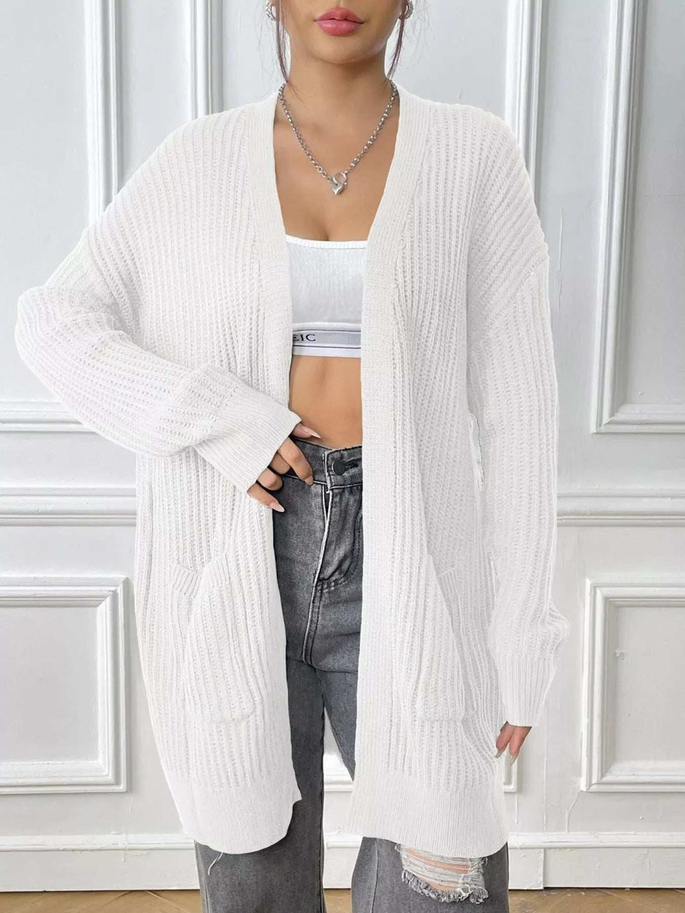 Open Front Drop Shoulder Cardigan - Trendsi - Flyclothing LLC