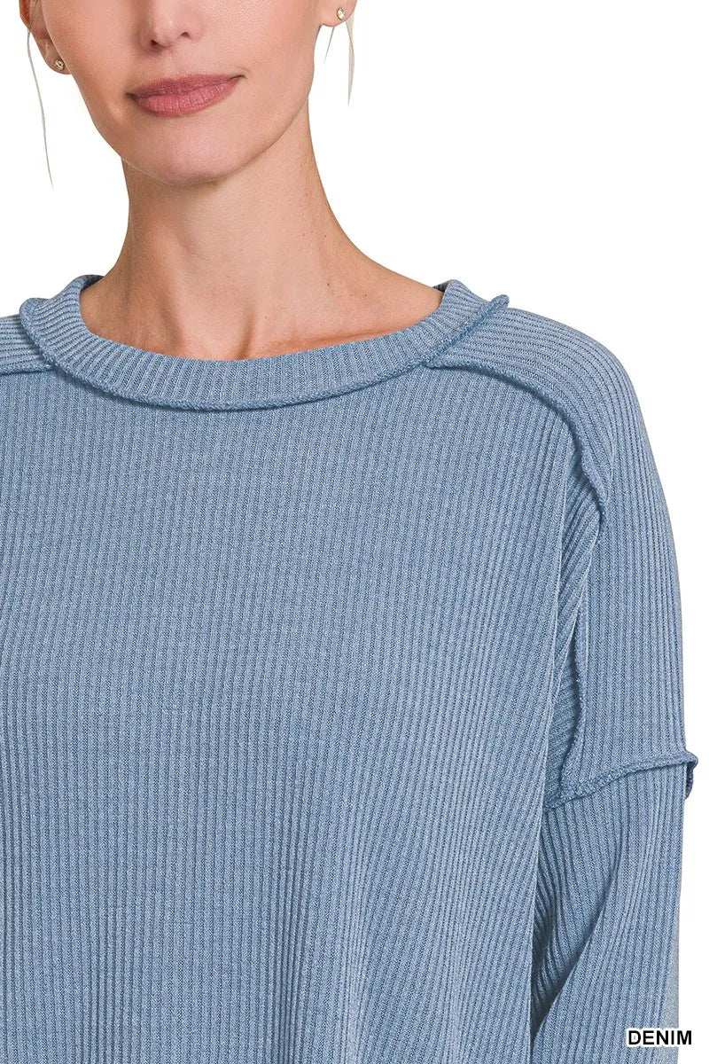 Zenana Ribbed Drop Shoulder Round Neck Sweater - Trendsi - Flyclothing LLC