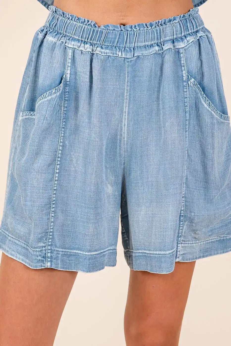 Mittoshop Washed Chambray Elastic Waist Easy Fit Shorts - Trendsi - Flyclothing LLC