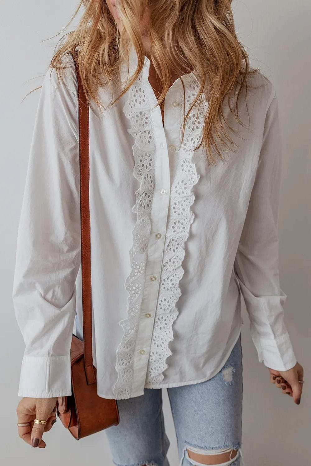 Eyelet Button Down Long Sleeve Shirt - Trendsi - Flyclothing LLC