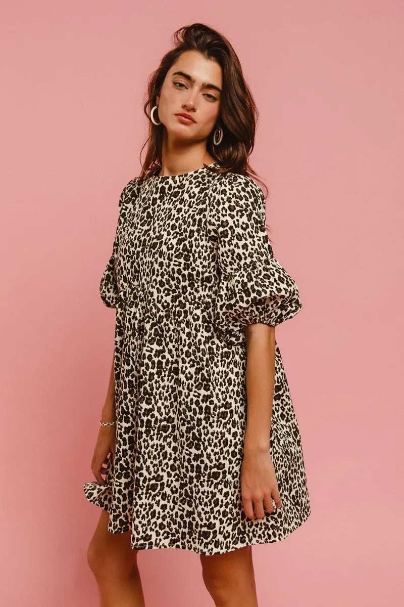 BiBi Leopard Denim Dress With Back Contrast Tie Detail - Trendsi - Flyclothing LLC