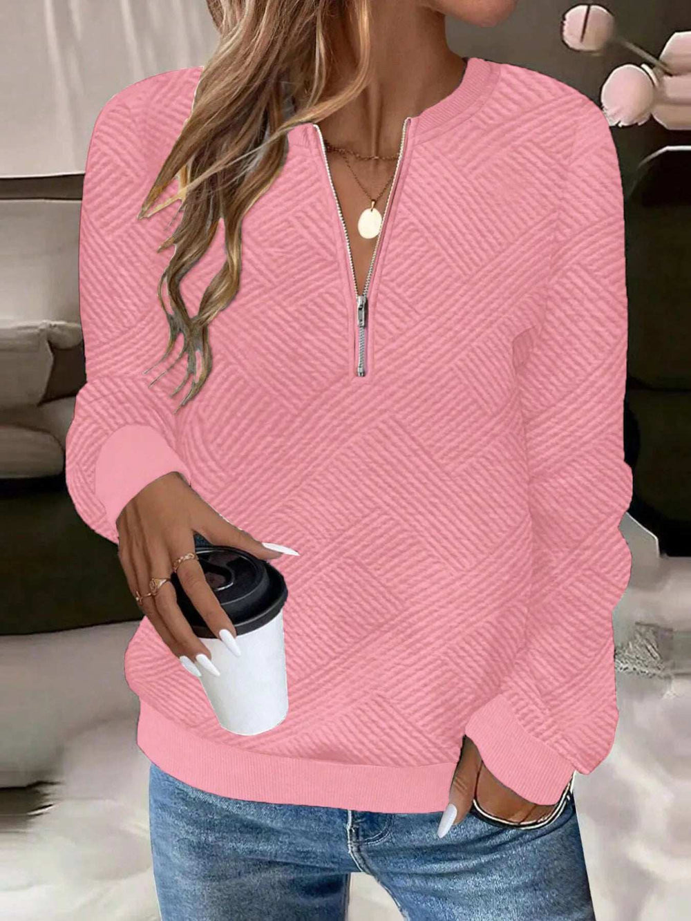 Quarter Zip Textured Long Sleeve Sweatshirt - Trendsi - Flyclothing LLC