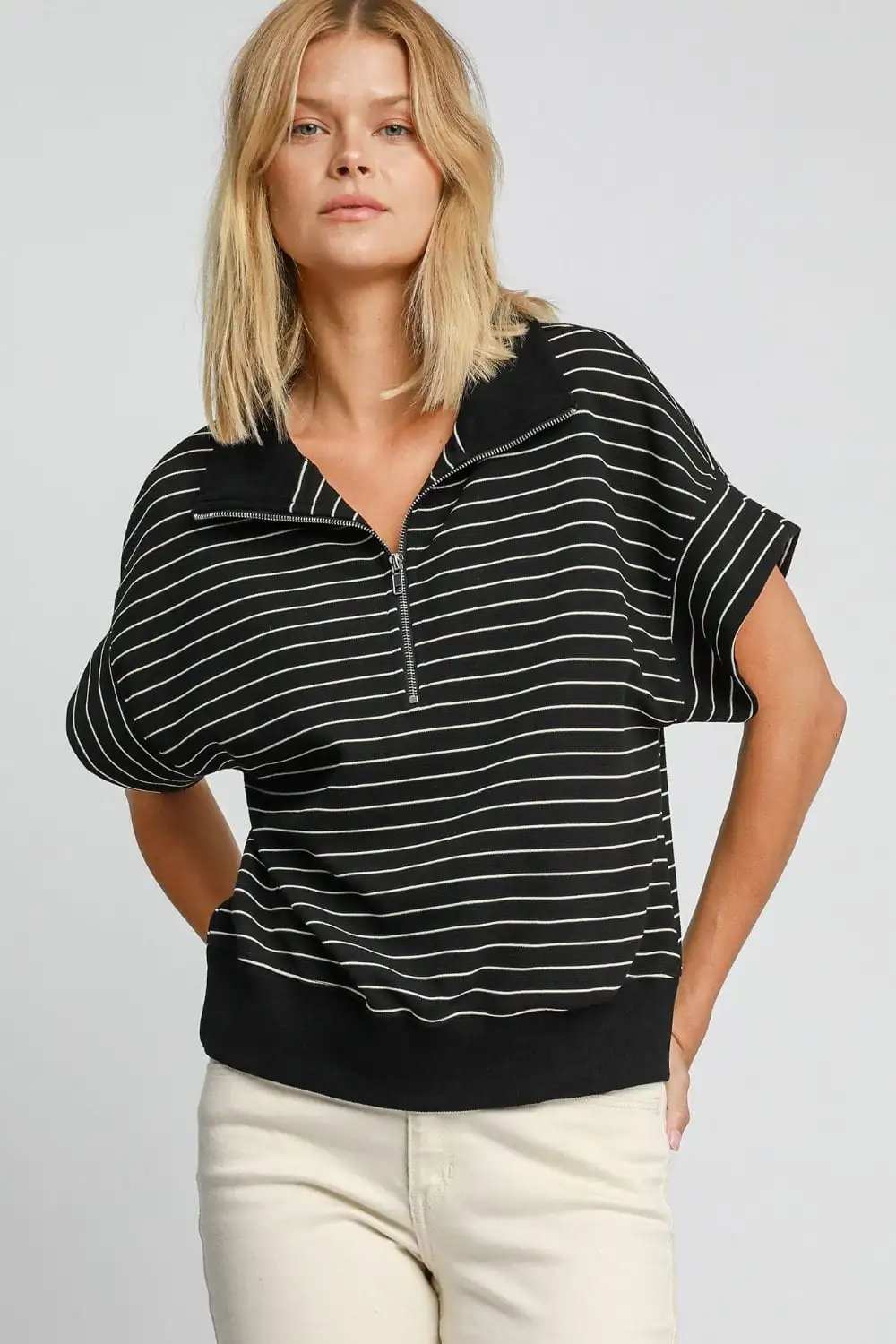 Umgee Striped Half Zip Short Sleeve Sweatshirt - Trendsi - Flyclothing LLC