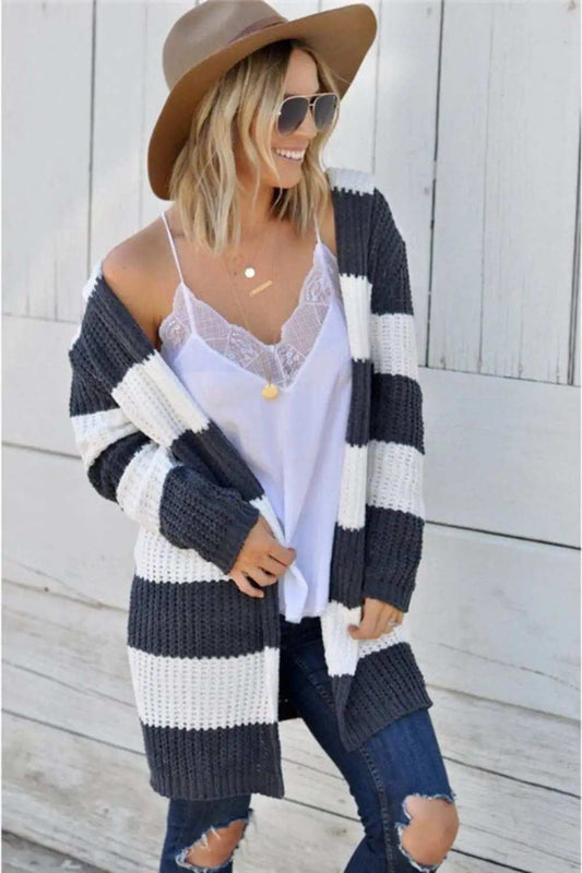Contrast Stripes Open Front Long Sleeve Cardigan - Trendsi - Flyclothing LLC