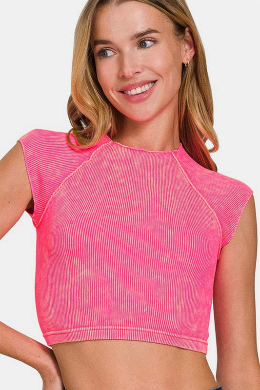 Zenana Ribbed Round Neck Cropped Top - Trendsi - Flyclothing LLC