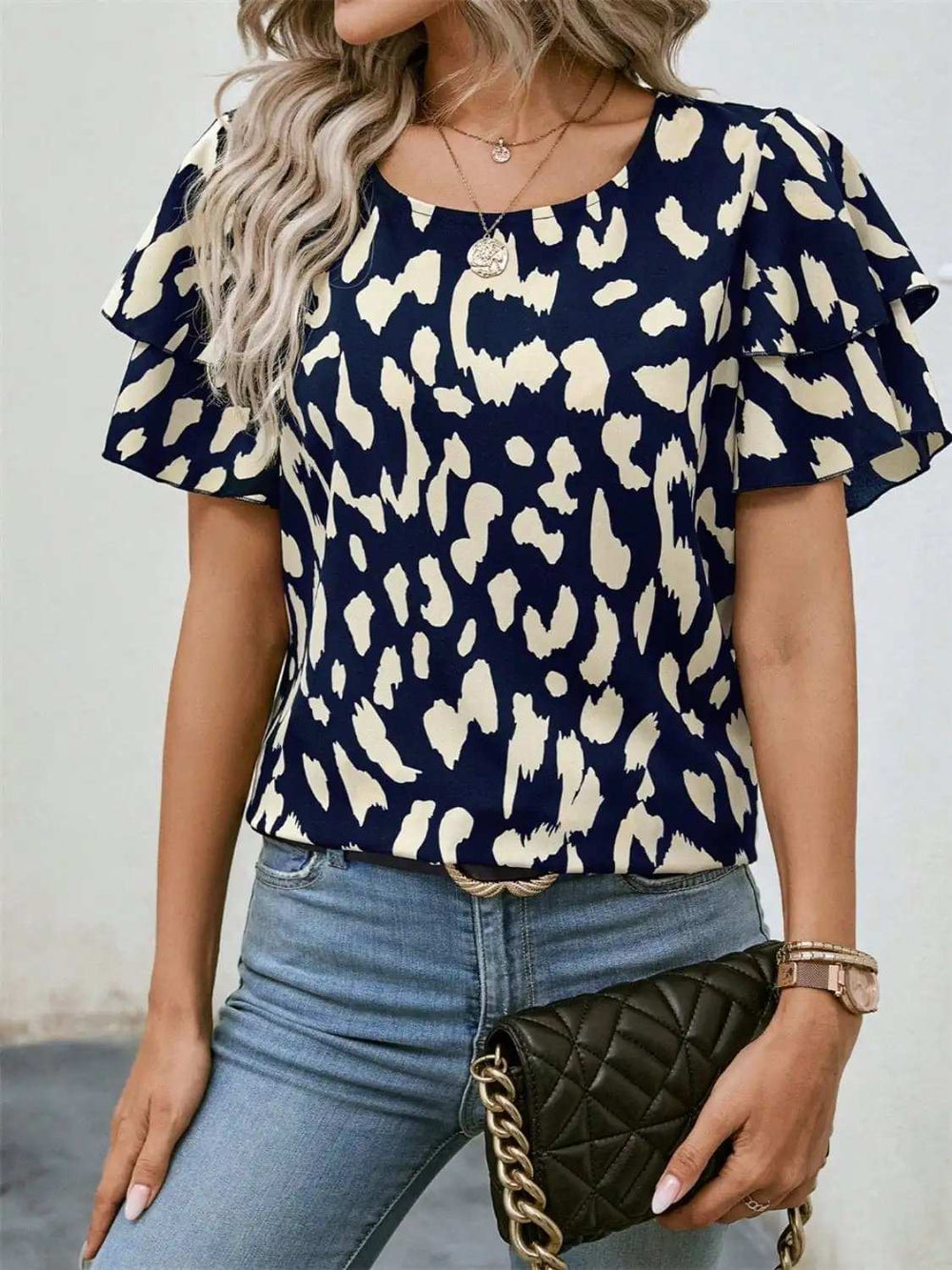 Ruffled Printed Round Neck Short Sleeve Blouse - Trendsi - Flyclothing LLC