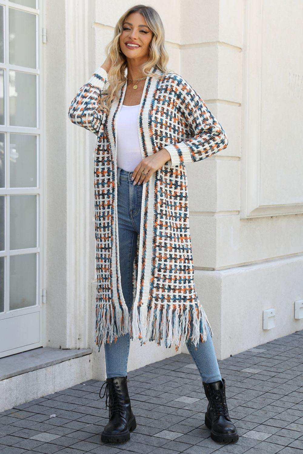 Multicolored Open Front Fringe Hem Cardigan - Trendsi - Flyclothing LLC